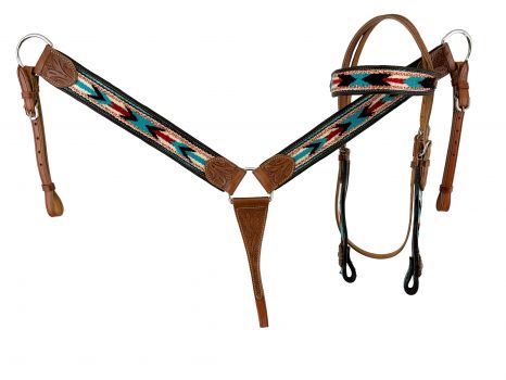 Showman Browband Headstall &amp; Breast collar set with wool southwest blanket inlay - teal and cream